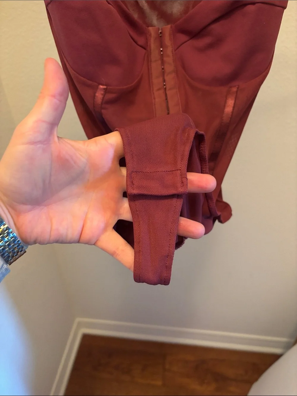 Free People Wine Red Mesh-Accent Bodysuit